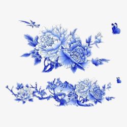 蓝色古风手绘花朵素材