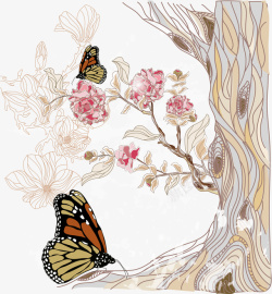 卡通手绘蝴蝶树木矢量图素材
