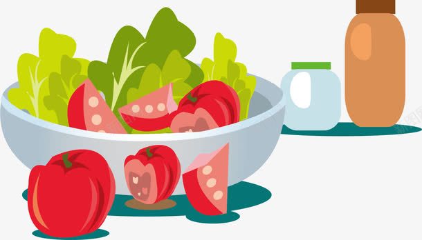 美味蔬菜沙拉png免抠素材_88icon https://88icon.com 减肥餐 白色碗 红色西红柿 绿色菜叶 美味沙拉 蔬菜沙拉 酱汁瓶子