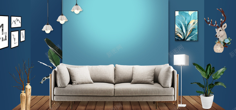 高级布艺沙发促销蓝色背景背景