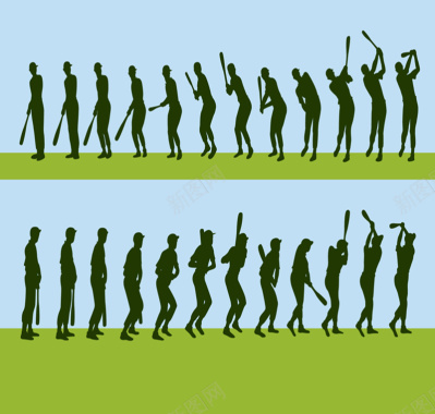 2组动态打棒球人物剪影背景矢量图背景