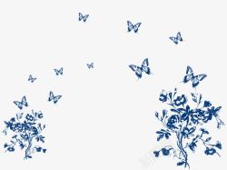 卡通手绘蓝色蝴蝶花朵树枝素材