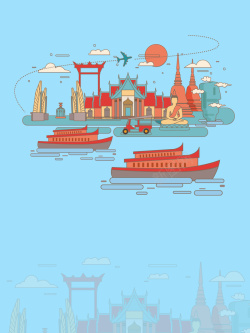泰国签证手绘简约泰国建筑旅游文化海报背景高清图片
