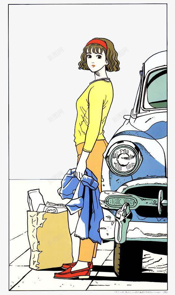 汽车边的女孩png免抠素材_88icon https://88icon.com 包裹 女孩 汽车 红发带