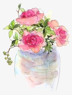 卡通粉色玫瑰花朵油彩花瓶素材