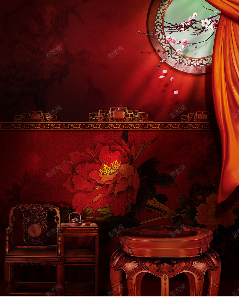 古典红木家具红色印刷背景psd设计背景_88icon https://88icon.com 印刷 古典 木质窗户 桌子 椅子 牡丹花 红木家具 红色 背景