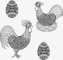手绘花纹公鸡母鸡和鸡蛋素材