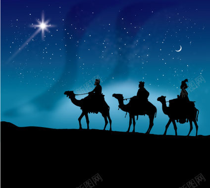 蓝色夜晚星空骆驼西域背景矢量图背景