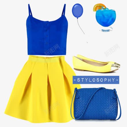 蓝色吊带和黄色半身裙png免抠素材_88icon https://88icon.com 服装搭配 蓝色吊带 黄色半身裙