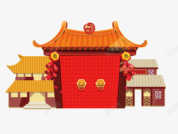 红色大门建筑物png免抠素材_88icon https://88icon.com 卡通手绘 建筑物 水彩画 红色大门 装饰图案 鞭炮