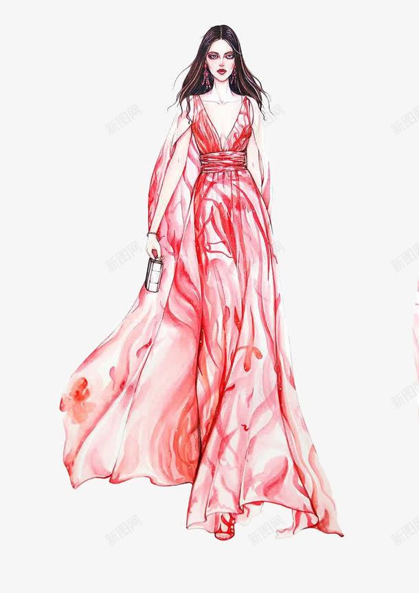 红裙模特T台png免抠素材_88icon https://88icon.com 元素 女星 手绘 红色 装饰