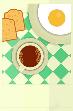 面包鸡蛋复古咖啡蓝色格子背景矢量图背景