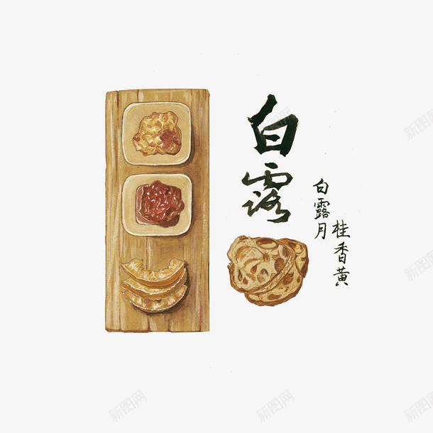 手绘白露节气食材插画psd免抠素材_88icon https://88icon.com 手绘插画 白露毛笔字体 白露节气 食材手绘