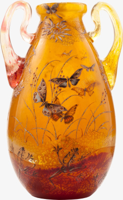 黄色陶瓷蝴蝶花瓶抠图素材