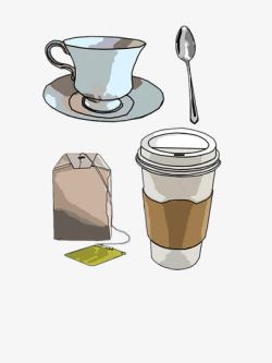手绘茶杯茶包和咖啡素材
