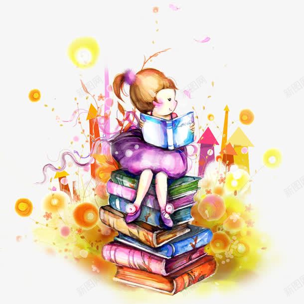 水彩坐在书堆上看书的小女孩psd免抠素材_88icon https://88icon.com 坐在书堆上 小女孩 水彩 看书