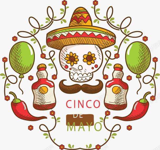 墨西哥五月五日节海报矢量图ai免抠素材_88icon https://88icon.com 五月五日节 墨西哥 墨西哥节日 墨西哥花纹 矢量png 骷髅 矢量图