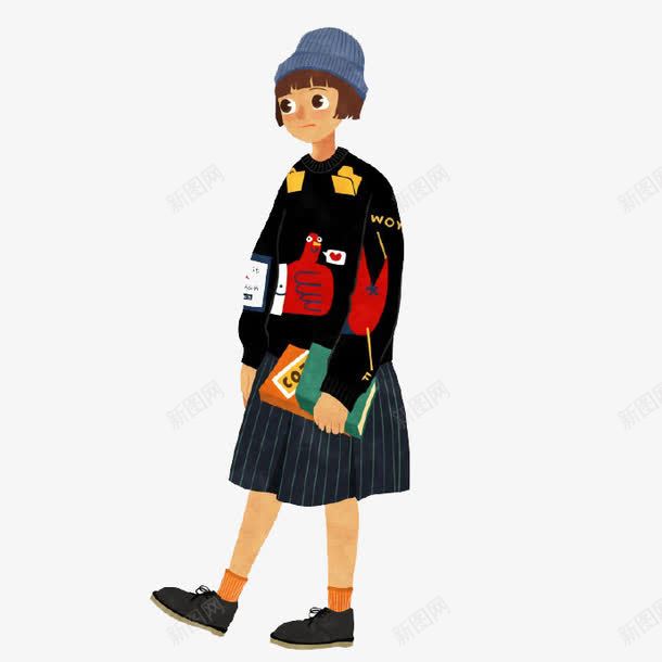 卡通短发女孩png免抠素材_88icon https://88icon.com 卡通手脚 学生 短发女孩 行走 裙子