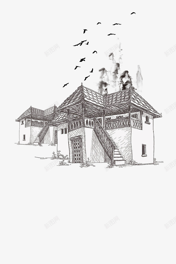 中国风手绘建筑素描png免抠素材_88icon https://88icon.com 中国风 乡镇 建筑 建筑素描 手绘建筑素描 素描