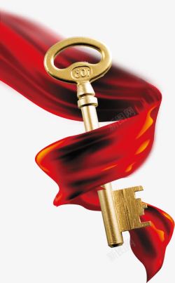 红色彩带金色锁钥装饰素材