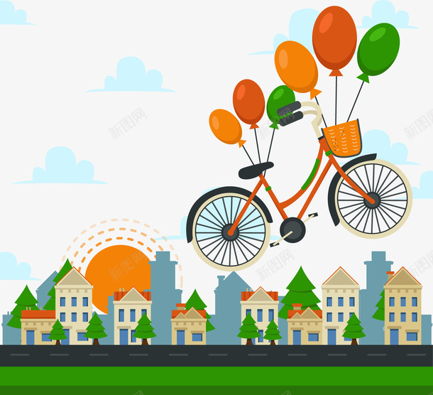 手绘绑着气球飞起来的自行车矢量图ai免抠素材_88icon https://88icon.com 手绘 气球 自行车 矢量图