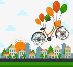 手绘绑着气球飞起来的自行车矢量图素材