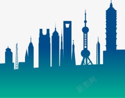 手绘蓝色上海城市大楼素材