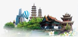 中国风建筑飞檐高塔绿树旅游装饰素材