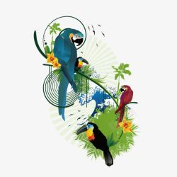 鹦鹉花纹树叶动物装饰图案素材