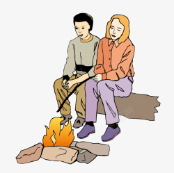 坐在凳子上烤火的情侣矢量图素材