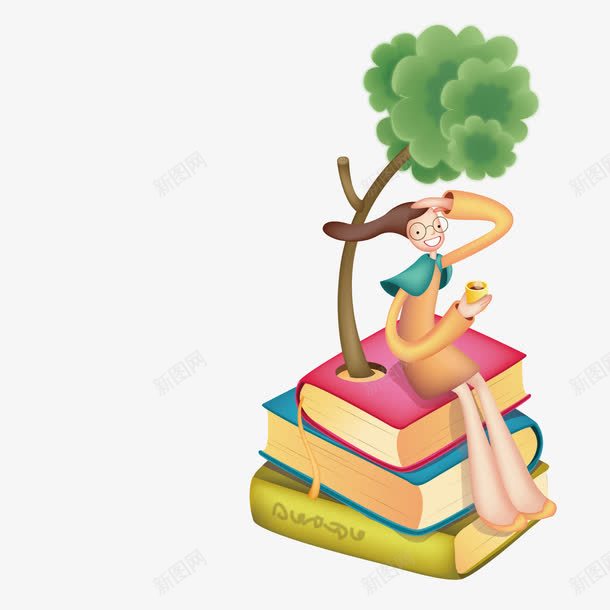 坐在书籍上的女学生png免抠素材_88icon https://88icon.com 书籍 学生 树木