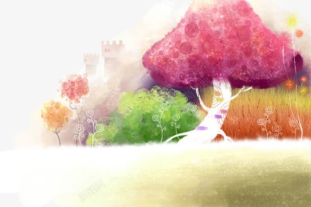 水彩画装饰背景png免抠素材_88icon https://88icon.com 彩色 树 紫色 蘑菇