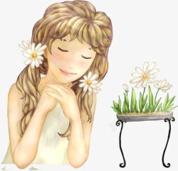 手绘白色花朵植物发饰女孩漫画素材