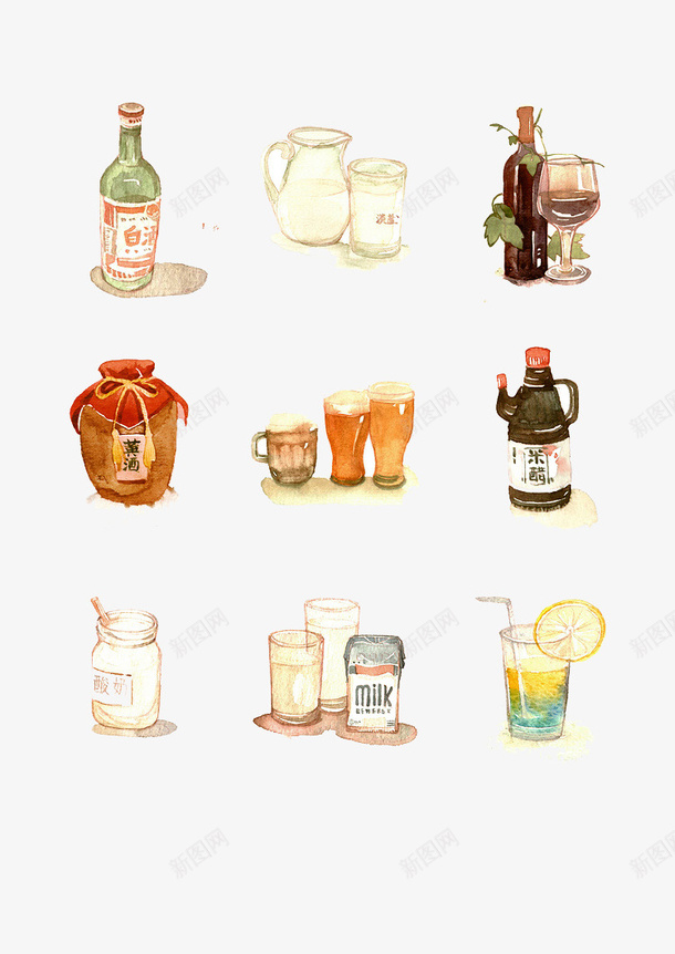 手绘酒类png免抠素材_88icon https://88icon.com 卡通 手绘 手绘插画 插画素材 水彩 酒