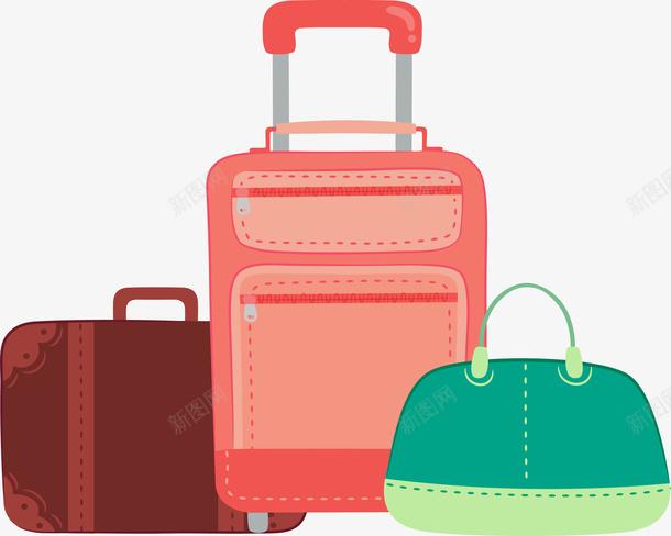 三个行李箱矢量图eps免抠素材_88icon https://88icon.com 棕色手提箱 矢量素材 粉色行李箱 绿色手提袋 矢量图