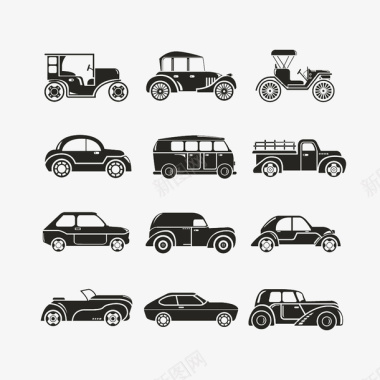 卡通手绘黑色古老的汽车合辑图标图标