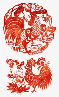 红色中国风剪纸公鸡装饰图案素材