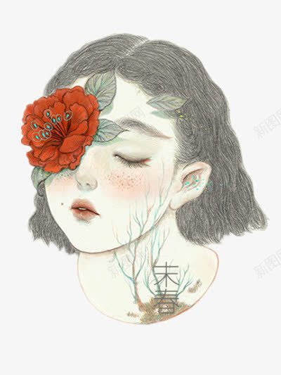 手绘女孩png免抠素材_88icon https://88icon.com 手绘插画 短发女孩 红色花朵