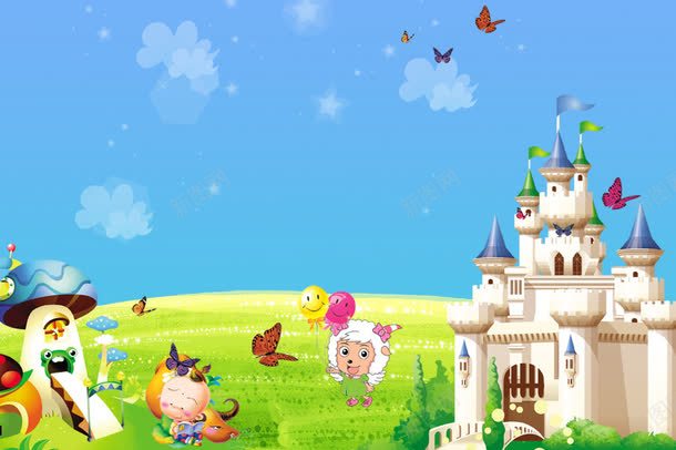 城堡展板png设计背景_88icon https://88icon.com 卡通 城堡 展板 蓝色背景 蝴蝶