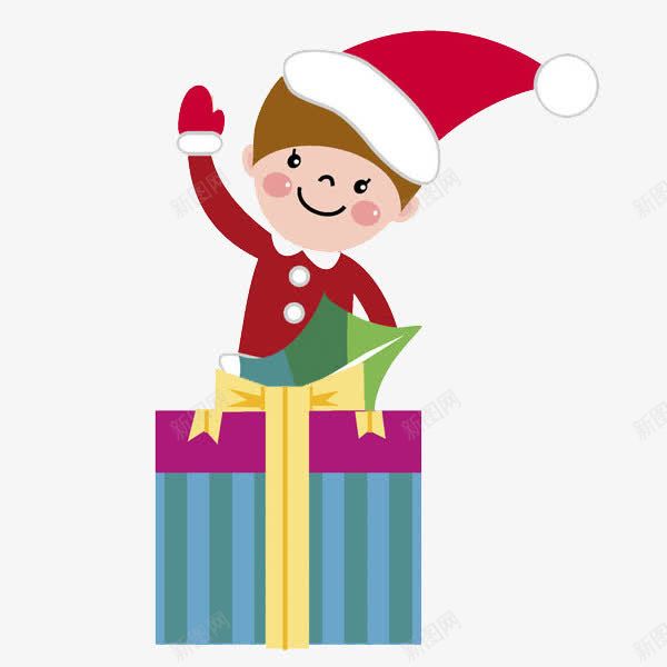 卡通坐着礼物上的男孩png免抠素材_88icon https://88icon.com 圣诞帽 圣诞节 挥手的 插图 男孩 礼物 高兴地