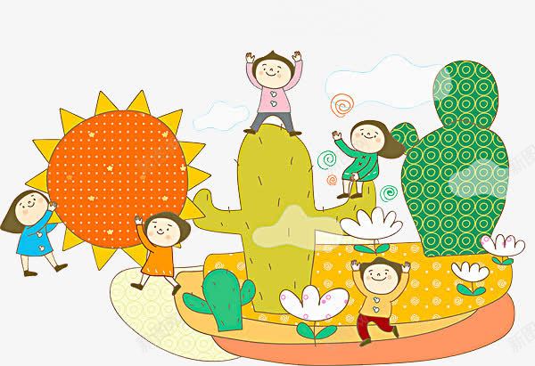 卡通手绘仙人掌上的孩子png免抠素材_88icon https://88icon.com 仙人掌上的孩子 欢呼的孩子 绿色的仙人掌 花朵 跳舞的孩子 黄色向日葵
