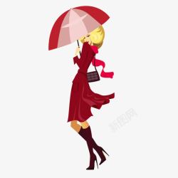 时尚简约风红裙撑伞时髦女郎素材