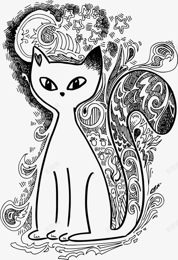 卡通手绘猫装饰图案矢量图ai免抠素材_88icon https://88icon.com 动物 卡通手绘 手绘动物 猫 线条 装饰图案 黑色 矢量图