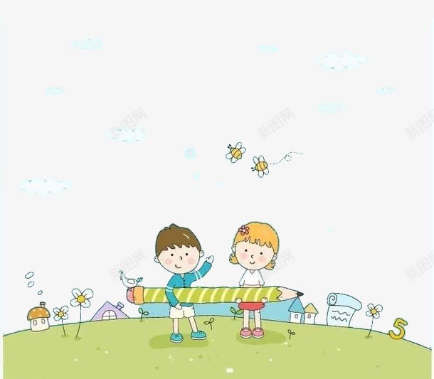 手绘草地玩耍男孩女孩png免抠素材_88icon https://88icon.com 女孩 玩耍 男孩 花朵 草地