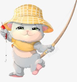 戴着帽子猫快乐的钓鱼素材