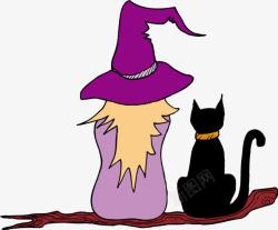 卡通紫色巫女黑猫素材