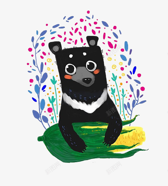 卡通玉米和黑熊png免抠素材_88icon https://88icon.com 可爱动物 树叶 玉米 黑熊