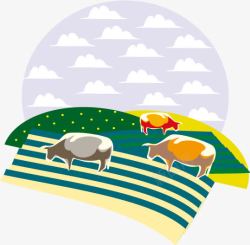 草原牛羊风景插画矢量图素材