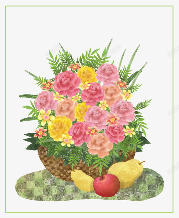 鲜花和水果手绘插画png免抠素材_88icon https://88icon.com 春天 植物 水果 澳洲青苹果 花 花卉 苹果 鲜花和水果手绘插画