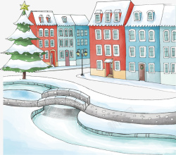 冬季街景美丽的冬季手绘雪景矢量图高清图片
